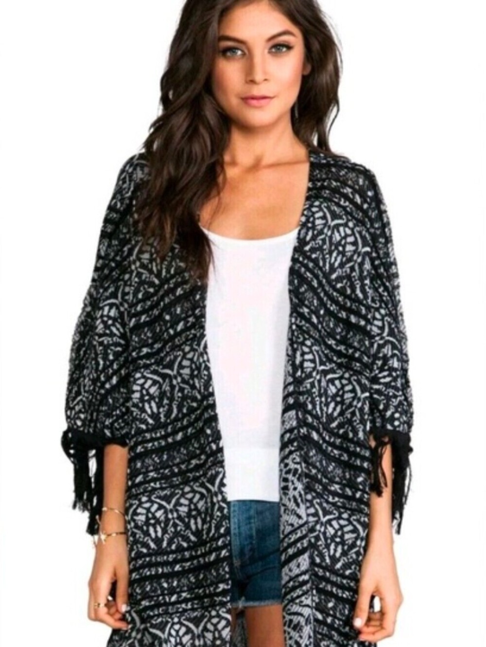 Free People Black Tribal Pattern Fringe Kimono Cardigan Sweater